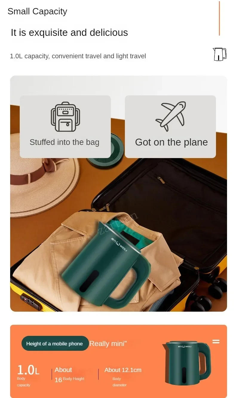 Description Picture 6 of item1.0L Mini Electric Kettle Small Capacity 304 Stainless Steel Teapot Hotel Dormitory Kettle Portable Travel Boil Water Pot 220V