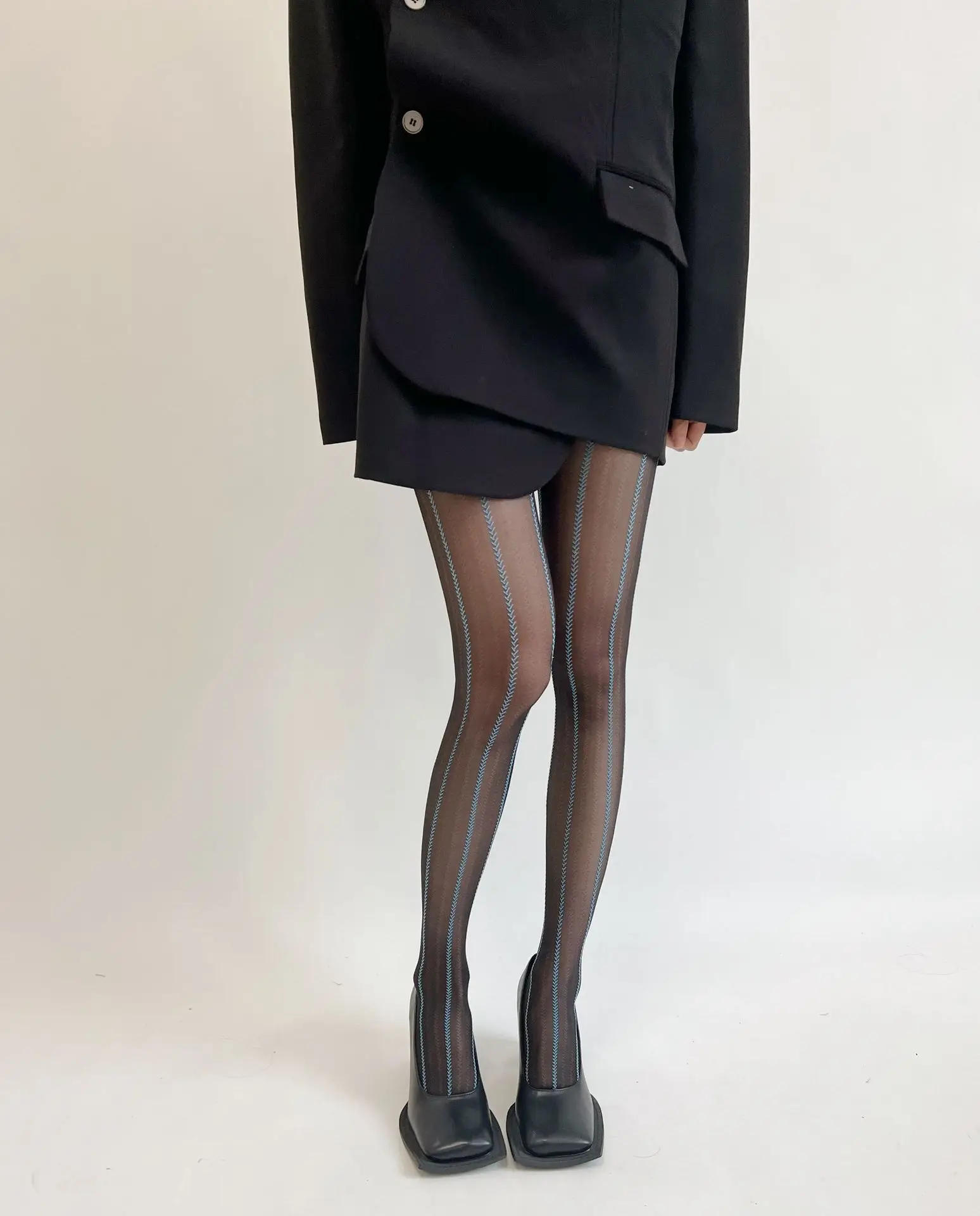 Description Picture 2 of itemRetro Stockings Sexy Blue Silk Pantyhose Japanese Lolita Vertical Striped Wheat Grain Ultra-thin Cosplay Designer Tights Women