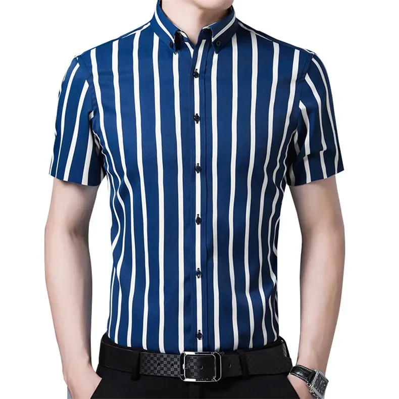 Description Picture 4 of item2023  Regular Fit Short Sleeve Strech Striped Shirts for Men Summer Soft Business Men's Dress Shirt Casual