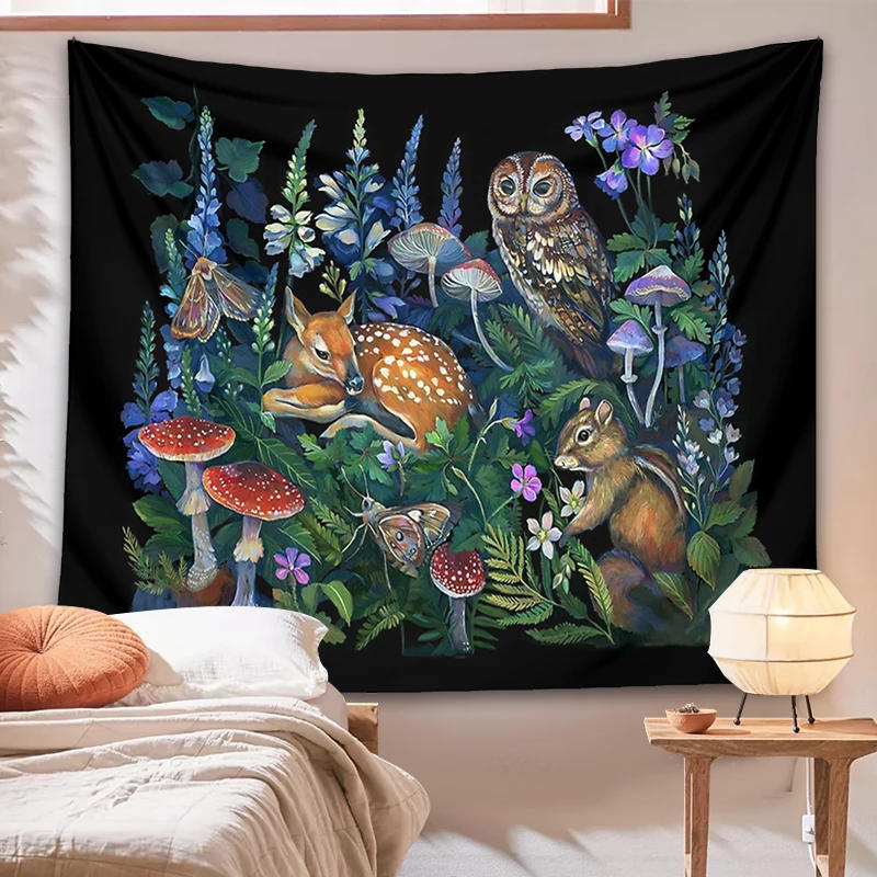 Description Picture 5 of itemEnchanted Forest Tapestry Wall Hanging Botanical Celestial Mushroom Wild Flower Magic Wall Carpets Dorm Decor Starry Sky Carpet