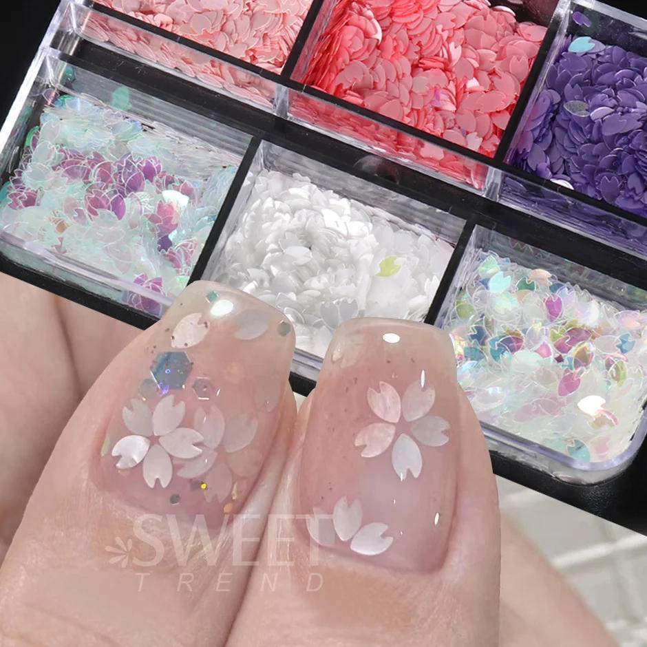 Description Picture 5 of item6 Grids Sakura Flower Petal Chip Nail Sequins Cherry Blossoms Glitter Stickers Spring Japanese Holographic Decor Flakes SAS128