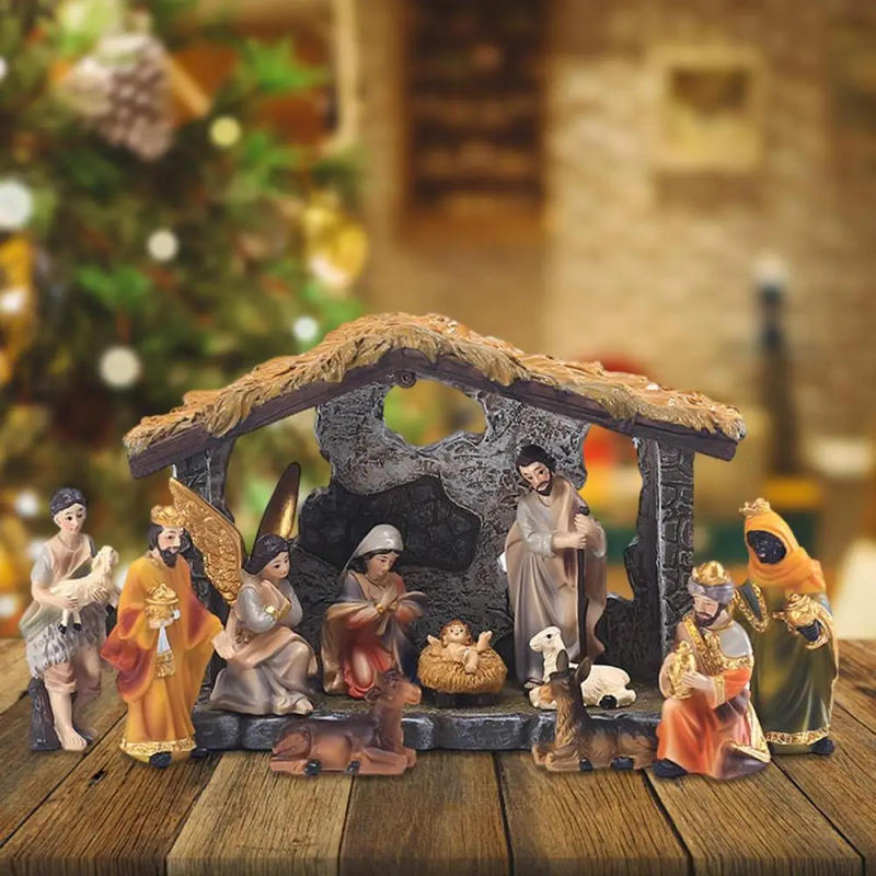 Description Picture 4 of item12pcs Set Christmas Manger Nativity Set Real Life Nativity Jesus Manger Christmas Crib Ornament Holy Family Crafts Statue Decor