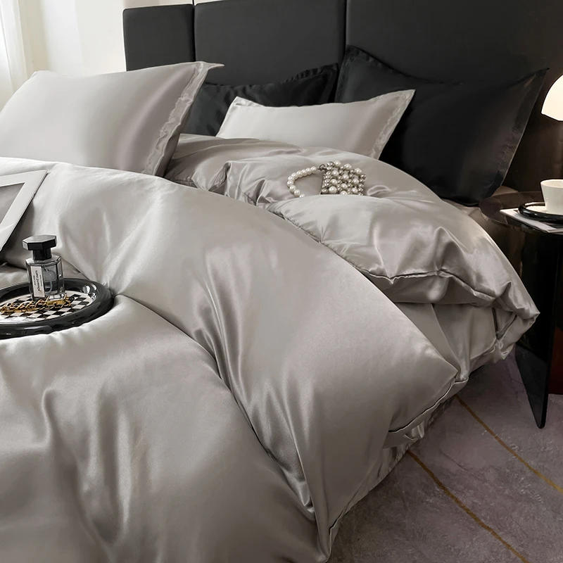 Description Picture 5 of itemNordic Satin Silk Bedding Set with Duvet Cover Bed Sheet Pillowcases Luxury Solid Single Double Couple Pillow Case Bedsheet