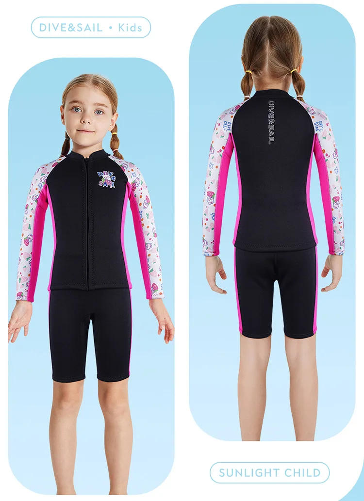 Description Picture 6 of item2.5MM Diving Suits Neoprene Wetsuits Kids Swimwears Long Sleeves Shorts Two Piece Set Girls Surfing Swimming Children