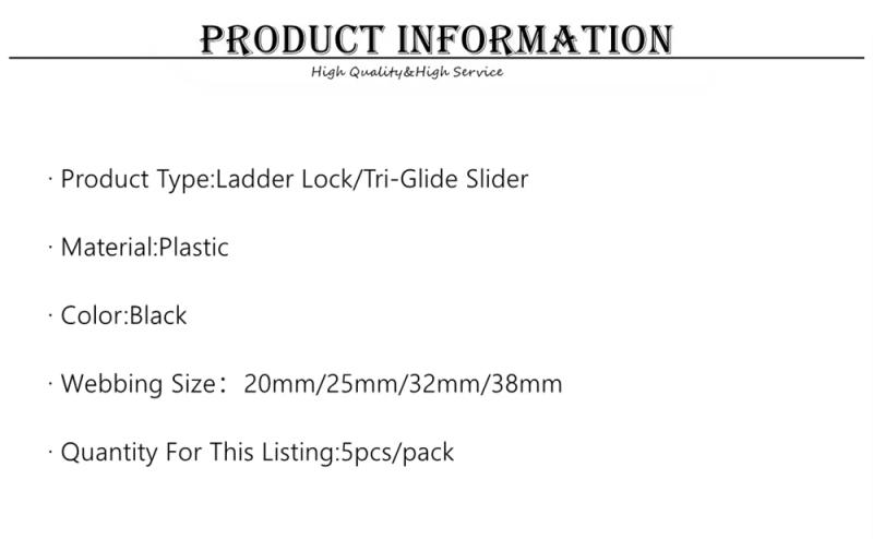 Description Picture 3 of item5 Pcs/Pack Black Ladder Lock/Tri-Glide Slider Plastic Buckles For Backpack Straps Webbing 20-38mm