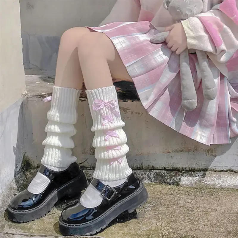 Description Picture 3 of itemWomen Lolita Leg Warmers Autumn and Winter Ribbon Lolita Black Knee Warmers Long Socks JK Knitted Girl White Leg Warmers