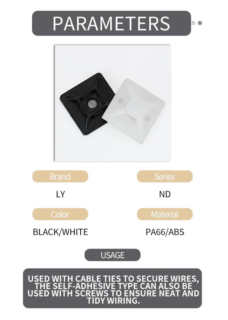 Description Picture 3 of itemND 20/50/100PCS Cable Tie Mounts Self Adhesive with Screw Hole Zip Wire Tie Mounting Base Holder