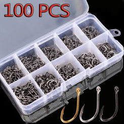 100PCS/Box Fishing Hooks Set Saltwater Fresh Water High Carbon Steel Carp Fishhook with Fishing Tackle Box  Fishing Accessories