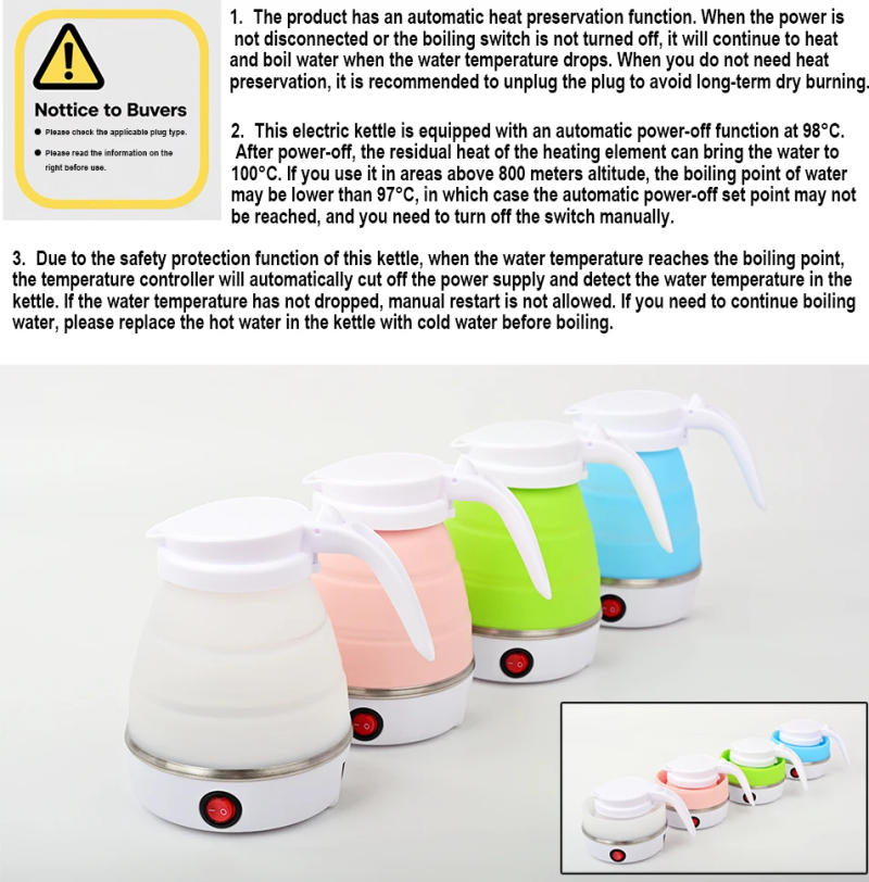Description Picture 2 of item0.6L Mini foldable electric kettle portable electric kettle household travel water heater silicone compression 110V-220V