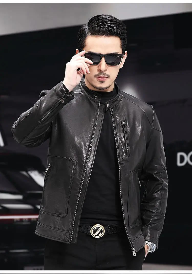 Description Picture 3 of item2022 Spring Autumm Men New Slim Fit Motorcycle Coats Male Genuine Sheepskin Jackets Men's Stand Collar Leather Outerwear N122