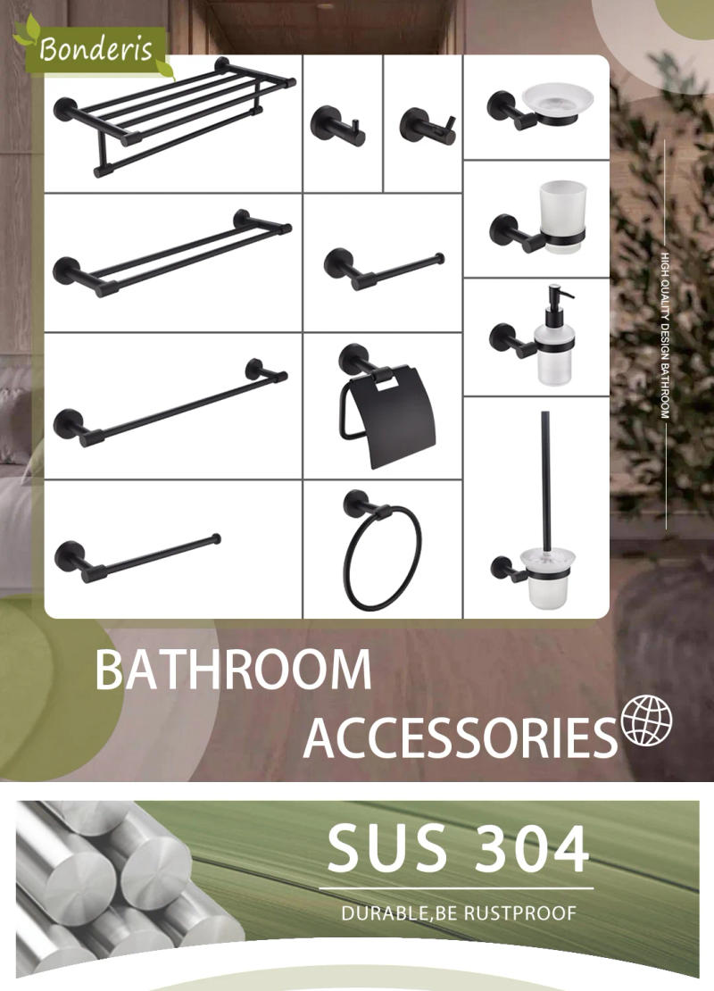 Description Picture 5 of itemBlack Wall Mount Stainless Steel Towel Bar Holder Toilet Roll Holder Bathrobe Hook Hanger Toilet Brush Bathroom Accessories Set