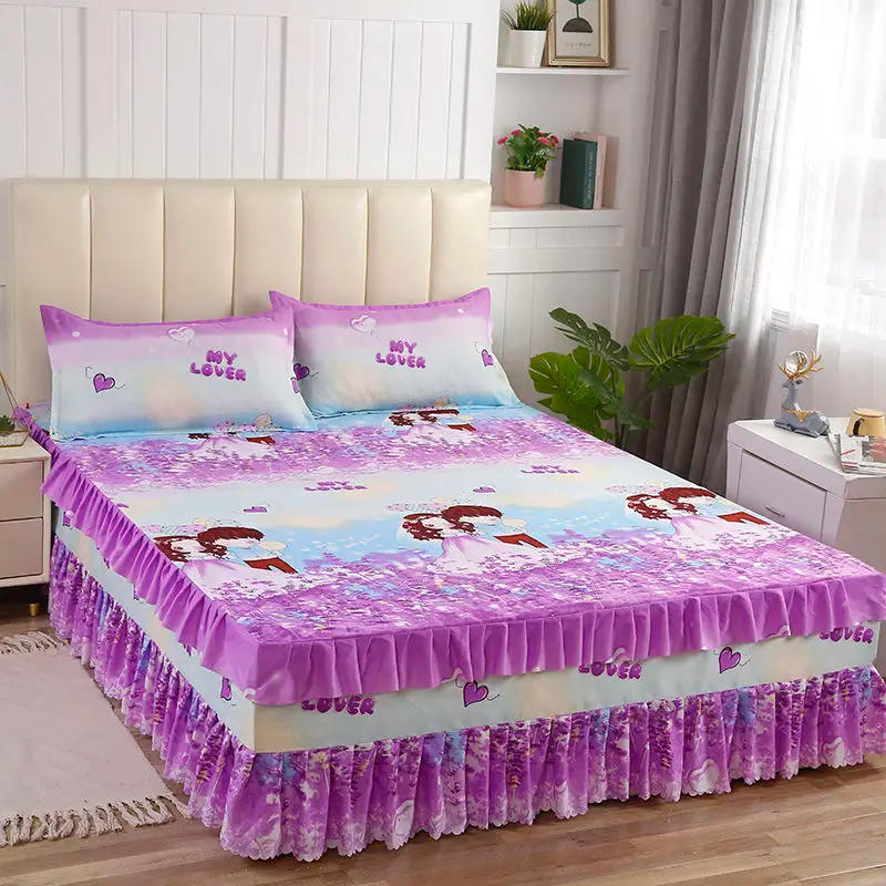 Description Picture 4 of item3Pcs Bed Sheet Lace Skirt Elastic Fitted Double Bedspread With Pillowcases Mattress Cover Bedding Set Elastic King Size Bedsheet