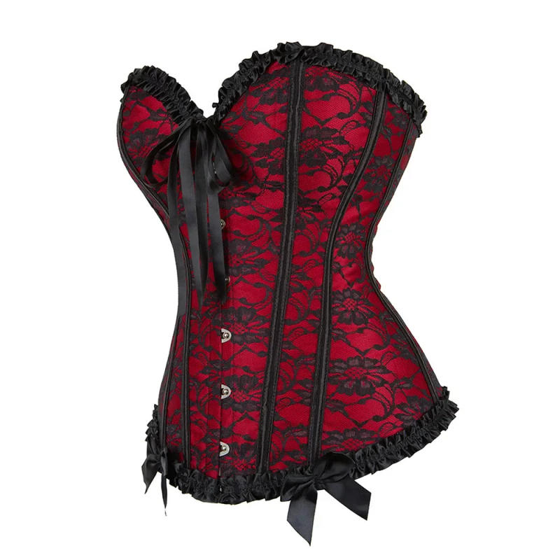Description Picture 4 of itemWomen Corset Plus Size Lace-up Bustiers Top Sexy Overbust Vintage Flower Print Lingerie Corselet Lace Korsett Black Red Blue