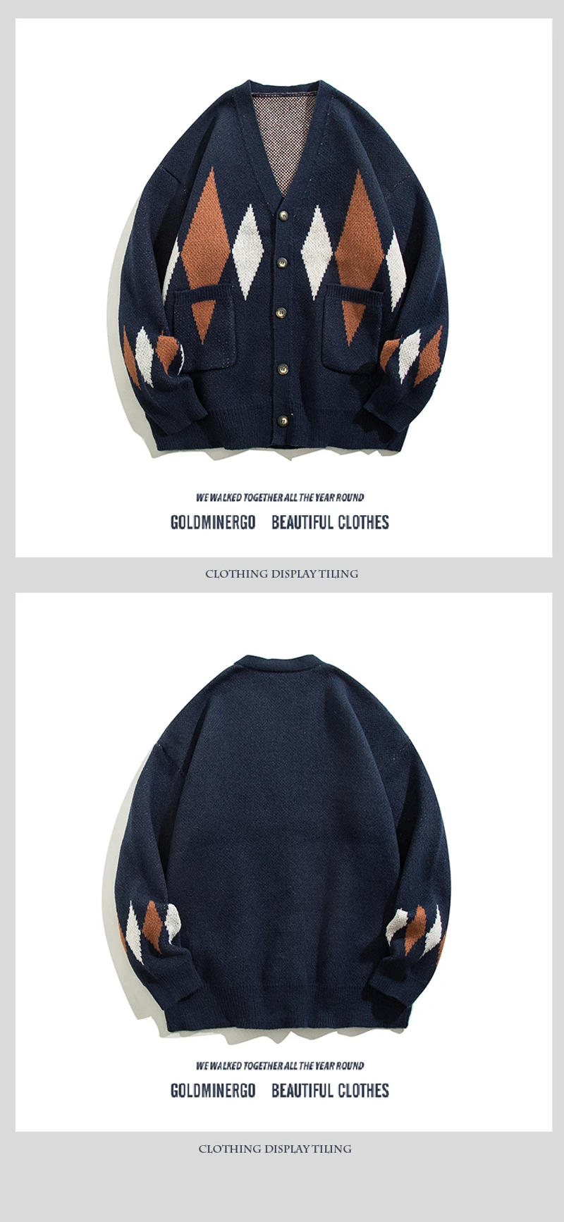 Description Picture 5 of itemMen's Diamond Cardigan Sweater Women V-neck Long Sleeves Autumn Winter Loose Casual Color Contrast Knitted Sweaters Jacket