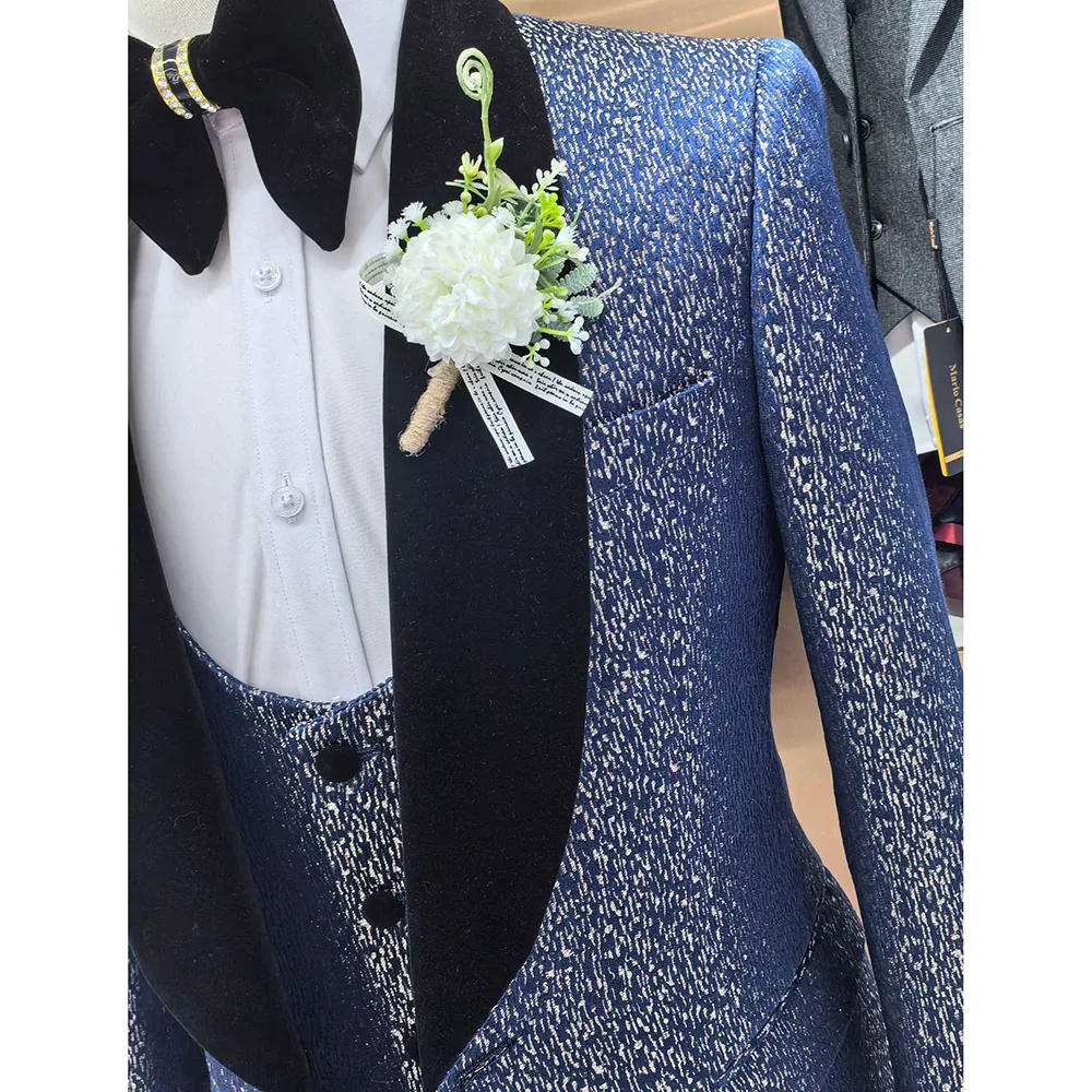 Description Picture 4 of itemLuxury Suits for Men 3 Piece Jacket Pants Vest Male Clothing Black Shawl Lapel Flat Blazer One Button Slim Fit Prom Party Sets