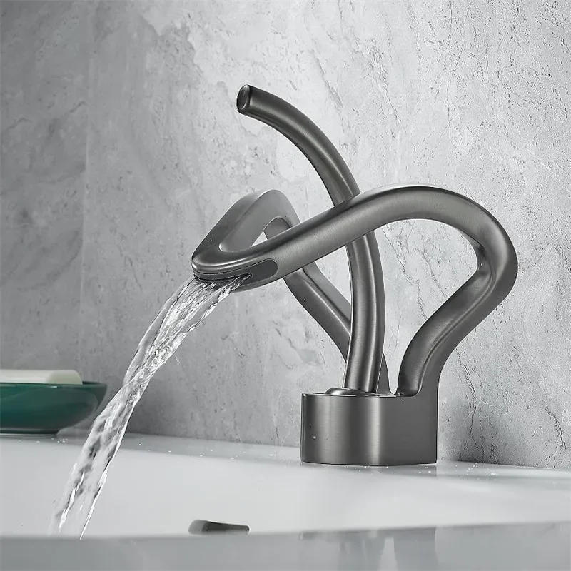 Description Picture 5 of itemGold Bathroom Faucet Black Basin Brass Creative Gray Bathrooom Sink Mixer Tap Hot & Cold Waterfall Basin