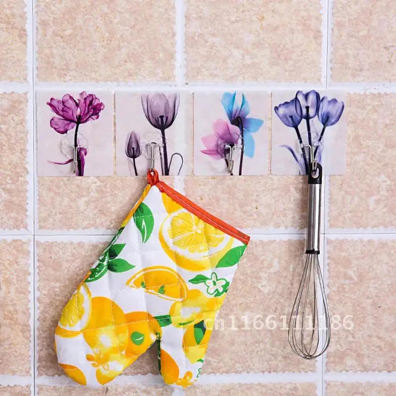 Description Picture 4 of itemKitchen Hanger Flower Pattern PVC Portable Bathroom Accessories Clothes Towel Rack Adhesive Hook Wall Sticky Holder 1 PC