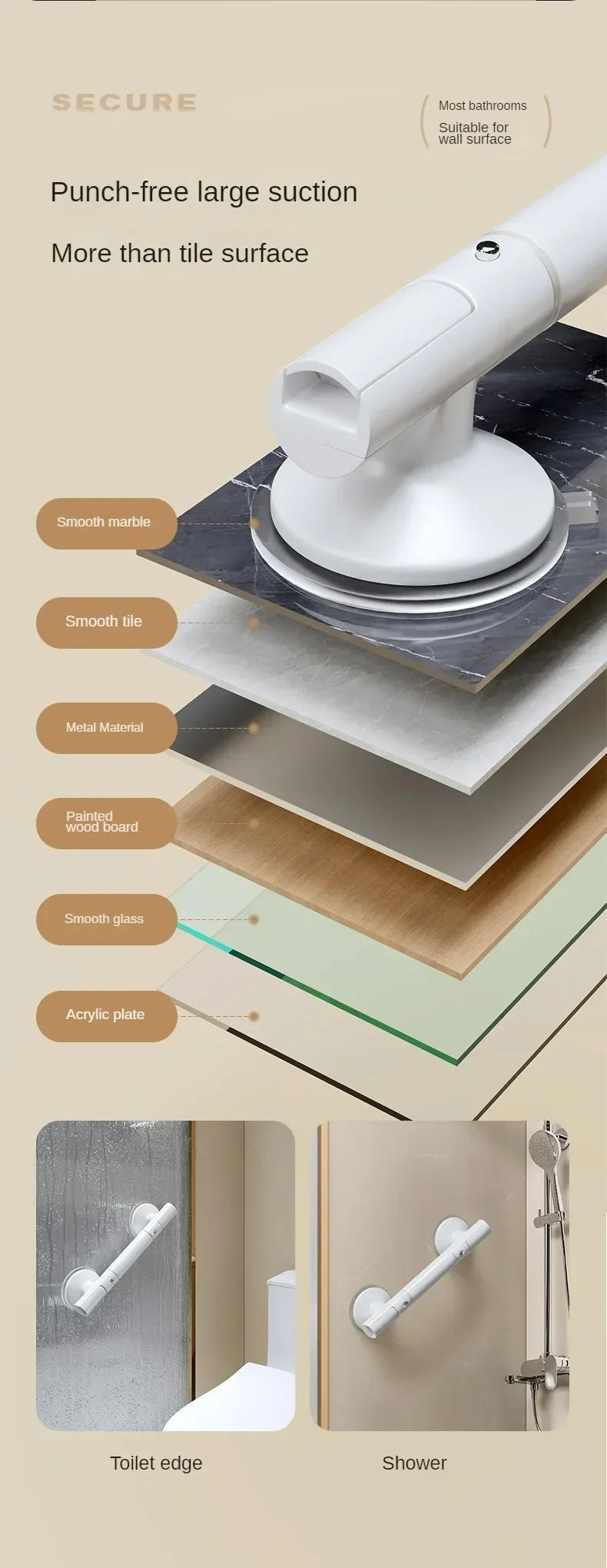 Description Picture 5 of item1PC Safety Helping Handle Anti Slip Support Toilet Bathroom Safe Grab Bar Vacuum Sucker Handrail Household Suction Cup Bath Rail