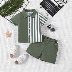 2-piece set of fashionable and casual solid color splicing short sleeved shirt top and shorts for baby boys, summer
