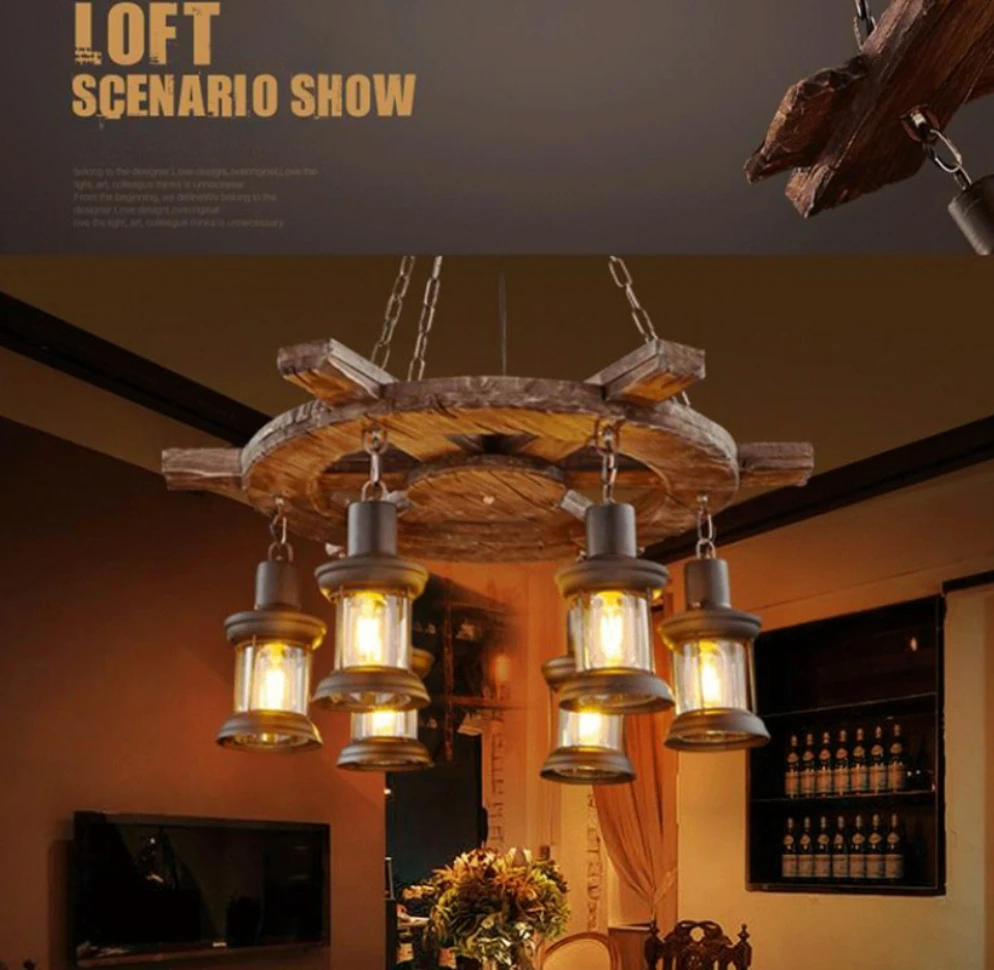 Description Picture 4 of itemRetro Boat Wood Chandelier Loft Industrial Style American Nostalgic Creative Personality Restaurant Bar Counter Café Lamps