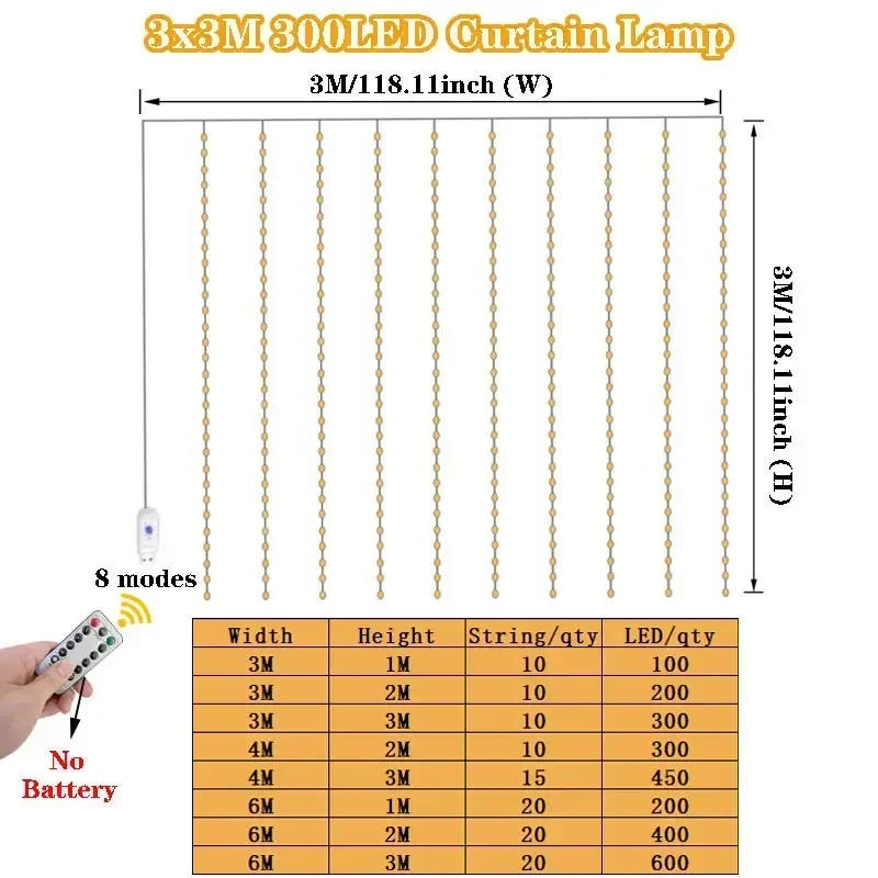 Description Picture 6 of itemFairy LED String Light Garland USB Remote Curtain Christmas Lights for New Year Home Bedroom Wedding Party Decoration 6M 4M 3M
