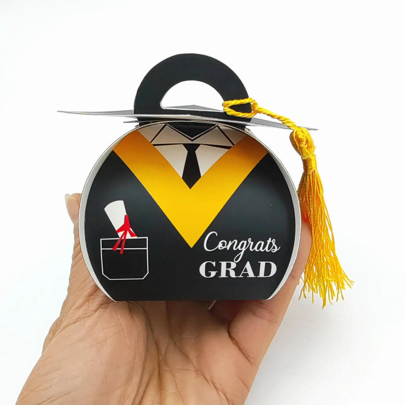 Description Picture 5 of item10Pcs Congrats Gard Tassel Bachelor Hat Chocolate Candy Box Gift Packaging Box for 2024 Graduation Season Birthday Party Decor