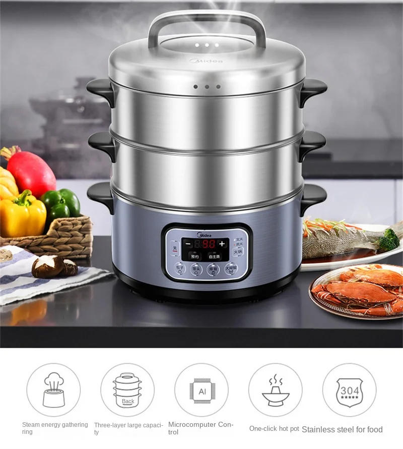Description Picture 3 of itemHousehold Three-layer Food Steamer Machine Stainless Steel Steam Cooker Electric Steamer Rice Noodle Roll Steamer Home Appliance