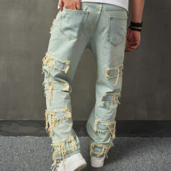 Men Streetwear Stylish Ripped Patch Loose Jeans Pants Male Casual Straight Denim Trousers