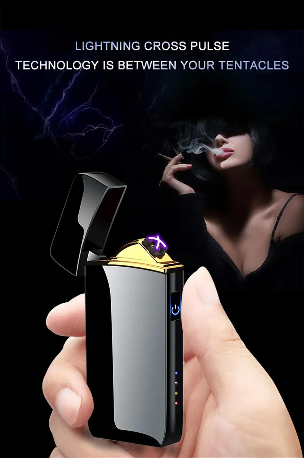 Description Picture 5 of item2025 Electric Windproof Metal Lighter Double Arc Flameless Plasma Rechargeable USB Lighter LED Power Display Touch Lighters Gift