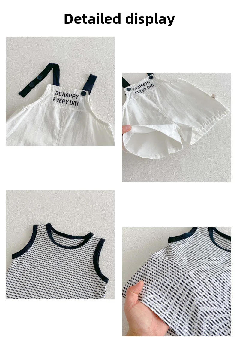 Description Picture 4 of itemChildren's vest set Korean version letter embroidered overalls summer new striped sleeveless top outdoor two-piece set