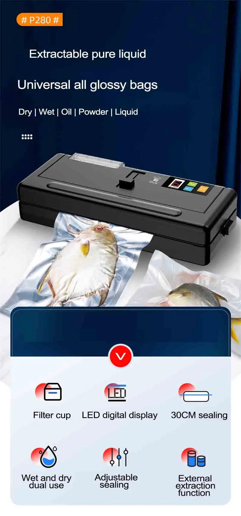 Description Picture 4 of itemP-280 Best Electric Vacuum Food Sealer Packaging Machine Home Film Sealer Vacuum Packer Vacuum Sealer 220V/110V