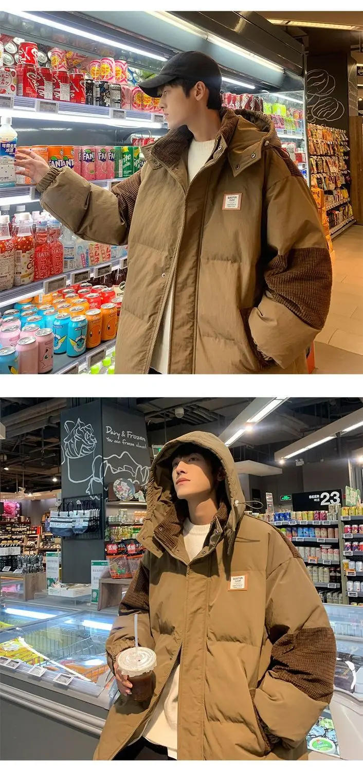 Description Picture 4 of itemWinter Retro Corduroy Stitching Workwear Cotton-padded Overcoat Couple Loose Casual High Street Hooded Parkas Male Clothes