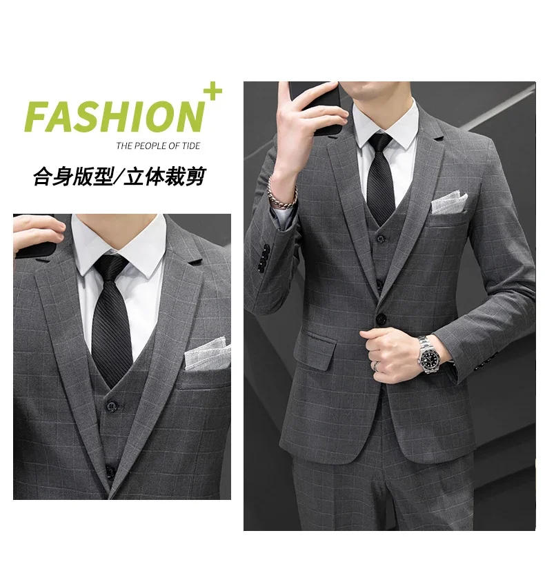 Description Picture 5 of itemMens Suits 3 Piece (blazer+ Vest +pants) Fashion Business Leisure Hosts The Korean Version of Plaid Slim Gentleman Wedding Work