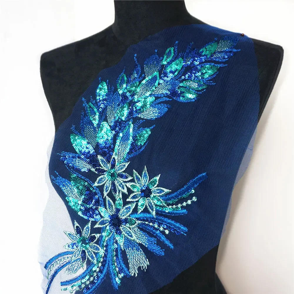 Description Picture 6 of itemBlue Black Gold Sequins Feather Tail Flowers Appliques Lace Trims Mesh Sew On Patch Embroidery For Wedding Gown Decoration DIY