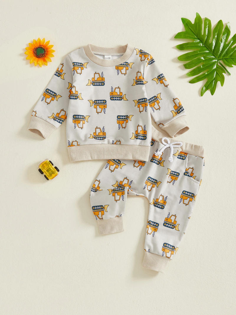 Description Picture 3 of itemBoys Autumn 2Pcs Pants Sets Long Sleeve O Neck Excavator Print Tops Drawstring Pants Sets