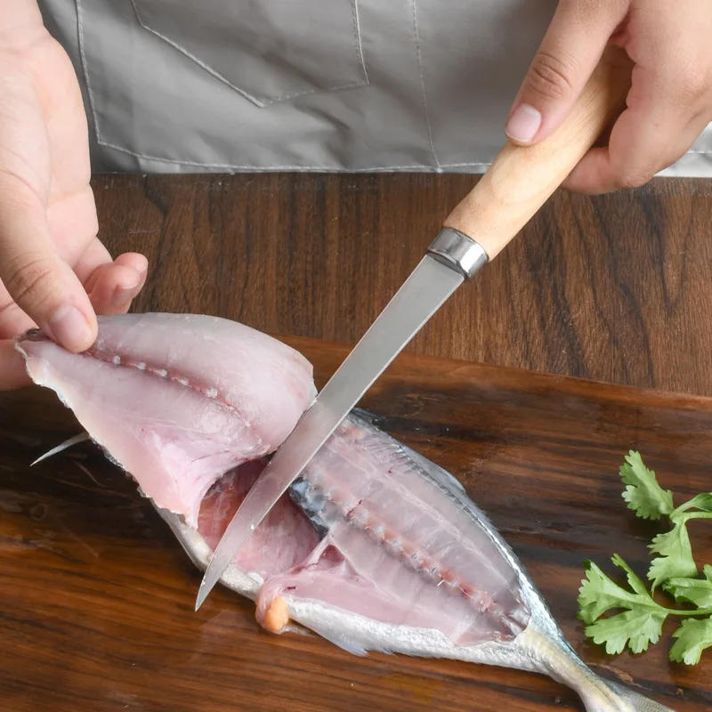 Description Picture 5 of itemStainless Steel Fishing Knife Kitchen Bone Meat Fish Sushi Knife Fruit Vegetables Cutting Tool with Knife Cover Sharpener