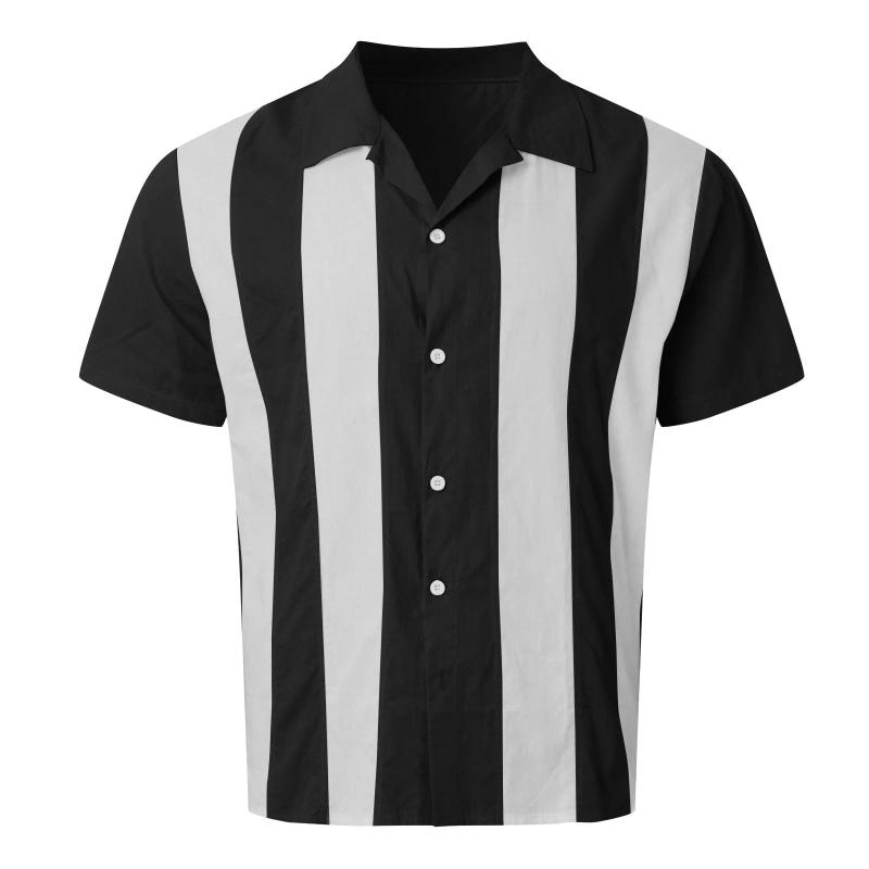 Description Picture 3 of item2024 Summer European and American Retro Contrast Stripe Patched Short sleeved Shirt Men's Loose Casual Cuban Neck Shirt Trend
