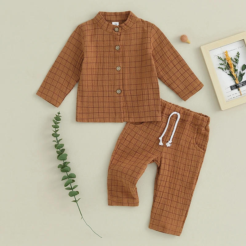 Description Picture 2 of itemToddler Boy Spring Clothes Plaid Pattern Long Sleeve Button Shirt Elastic Waist Pants 2Pcs Casual Outfit