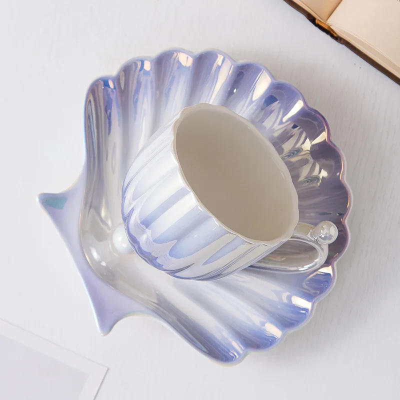 Description Picture 6 of itemIns Gradient Color Pearl Shell Ceramic Cup Afternoon Tea Cups and Plates Exquisite Ceramic Coffee Cup Home TeaCups Dessert Dish