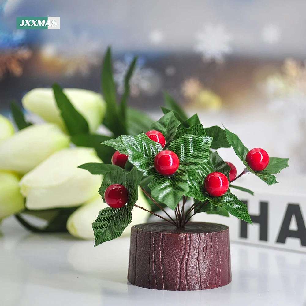 Description Picture 6 of item24PCS Artificial Holly Leaf Berry Red Cherry Small Fruit Silk Flower DIY Christmas Bouquets Wreath Wedding Party Home Decoration