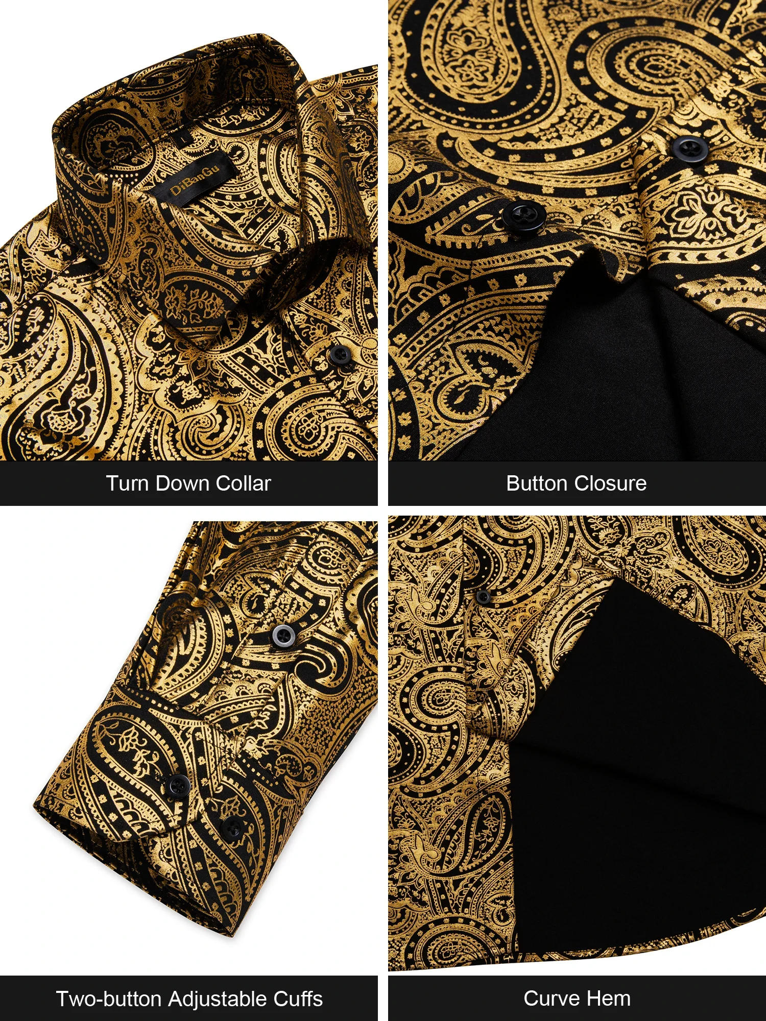 Description Picture 3 of itemMen's Luxury Shirt Gold Paisley Gilding Slim Fit Social Shirts Long Sleeve Summer Hawaiian Elegant Shirt Clothing Women Blouse