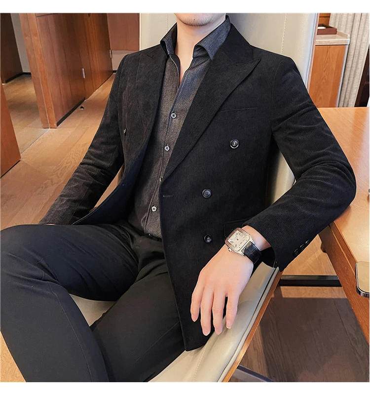 Description Picture 3 of itemHigh Quality Fashion Handsome Trend All-in-one Business Corduroy Suit Jacket Men's Double-breasted Suit Slim Striped Casual Suit
