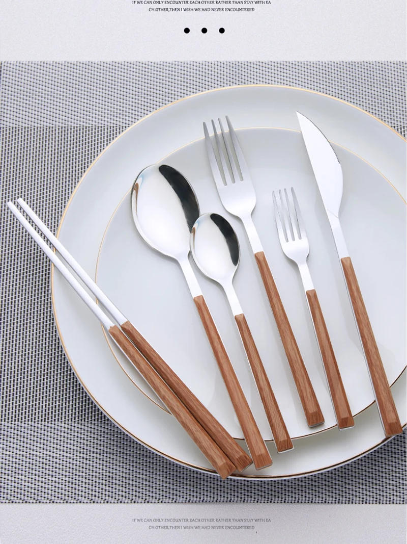 Description Picture 3 of item16Pcs Imitation Wood Hand Cutlery Set 304 Stainless Steel Steak Cutlery Tableware set Spoon and Fork Chopsticks Tableware Sets