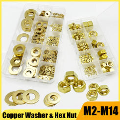 Solid Brass Copper Flat Washer and Hex Hexagon Nut Plain Seal Gasket Pad Mason for M2 M2.5 M3 M4 M5 M6 M8 M10 M12 M14 Screw Bolt