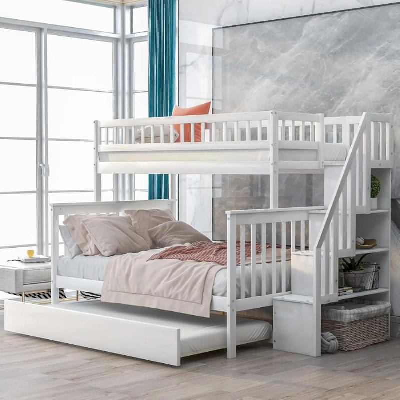 Description Picture 2 of itemBunk Bed Twin Over Full with Trundle Wood Bunk Bed Frame with Storage Staircase and Storage Shelves Teens No Spring Box Needed