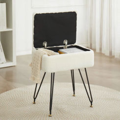 Faux Teddy Fur Ottoman Foot Stool with Metal Legs & Adjustable Black Feet, Flip Top Storage Makeup Stool with Soft Padded Seat