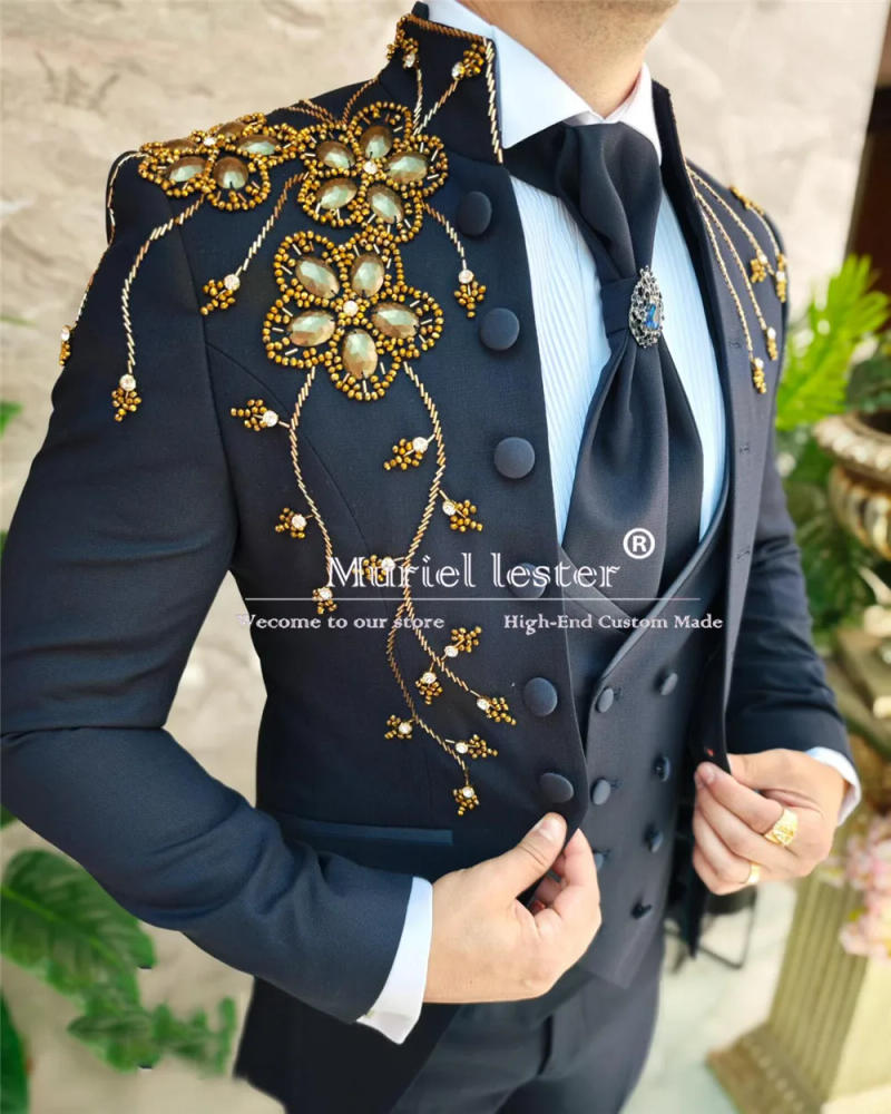 Description Picture 4 of itemNavy Blue Suits Men For Wedding Gold Beaded Gem Jacket Vest Pants 3 Pieces Groom Tuxedos Slim Fit Formal Party Boyfriend Clothes