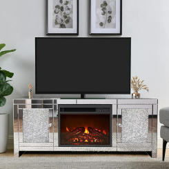 Silver TV Stand, Mirrored Fireplace TV Stand with LED Light Modern Entertainment Center with Storage for TVs Up to 47 Inch