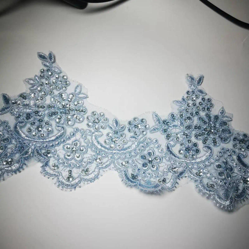 Description Picture 5 of item1Yard Blue Cording Fabric Sequins Flower Venise Venice Mesh Lace Trim Applique Sewing Craft for Wedding Dec. 13cm wide