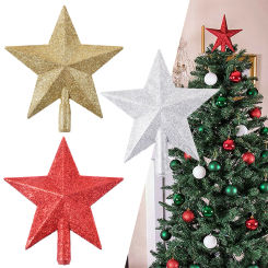 Christmas Tree Topper Gold Five Pointed Star Decoration Xmas Top Glittering Ornament For Home Merry Party Holiday Decor 25cm